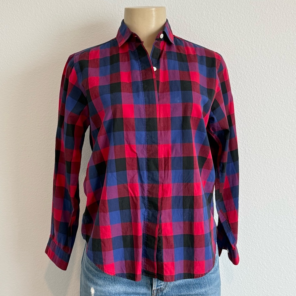 Vintage Nordstrom Blouse Red Blue Buffalo Check Button Up 100% Cotton Size 4